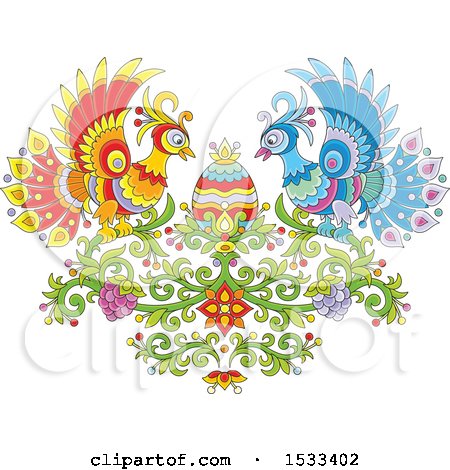 Clipart of a Floral Heart with Colorful Peacocks, Grapes and an Easter Egg - Royalty Free Vector Illustration by Alex Bannykh