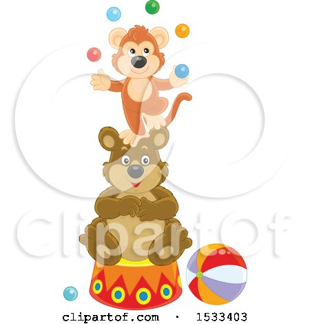 Clipart of a Monkey Juggling Balls on Top of a Circus Bear - Royalty Free Vector Illustration by Alex Bannykh