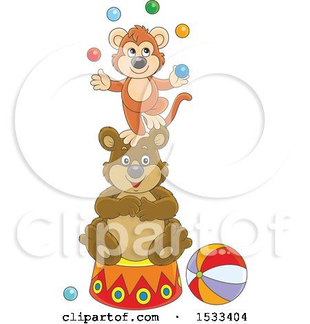 Clipart of a Monkey Juggling Balls on Top of a Bear - Royalty Free Vector Illustration by Alex Bannykh