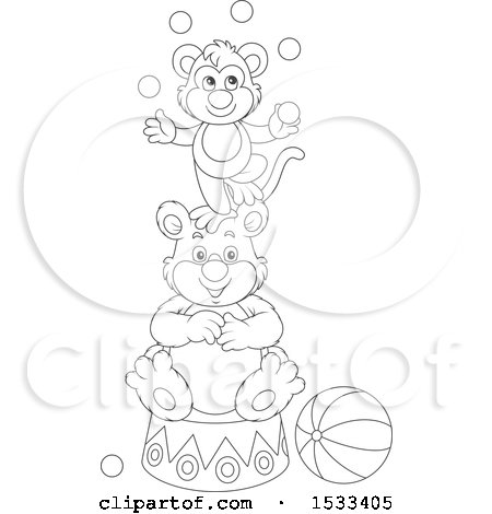 Clipart of a Black and White Monkey Juggling Balls on Top of a Bear - Royalty Free Vector Illustration by Alex Bannykh