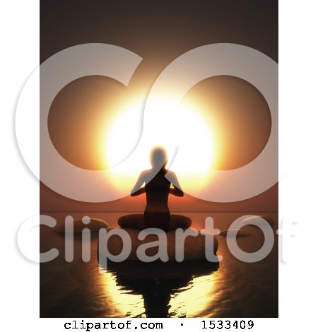 Clipart of a 3d Silhouetted Woman Meditating in a Yoga Pose on a Rock Against an Ocean Sunset - Royalty Free Illustration by KJ Pargeter