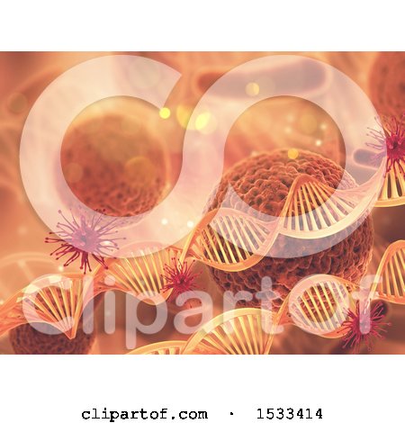 Clipart of a 3d Orange Dna Strand and Virus Cells Background - Royalty Free Illustration by KJ Pargeter