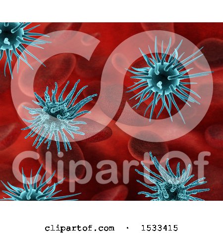 Clipart of a 3d Background of Blue Virus Cells and Blood Cells - Royalty Free Illustration by KJ Pargeter