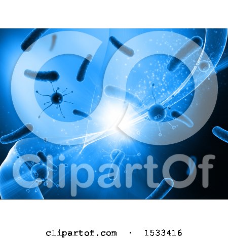 Clipart of a Blue 3d Backgrond of Virus Cells and Waves - Royalty Free Illustration by KJ Pargeter