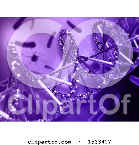 Clipart of a 3d Purple Dna Strand and Virus Cells Background - Royalty Free Illustration by KJ Pargeter