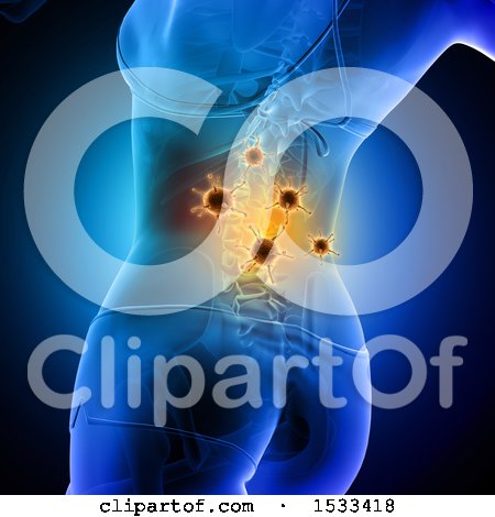 Clipart of a 3d Xray Woman with Visible Virus Cells Along Her Spine - Royalty Free Illustration by KJ Pargeter
