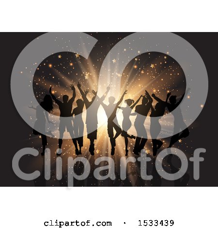 Clipart of a Group of Silhouetted Party People Dancing with Gold Stars and Lights - Royalty Free Vector Illustration by KJ Pargeter
