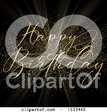 Clipart of a Happy Birthday Greeting with Gold Glitter and Rays on Black - Royalty Free Vector Illustration by KJ Pargeter