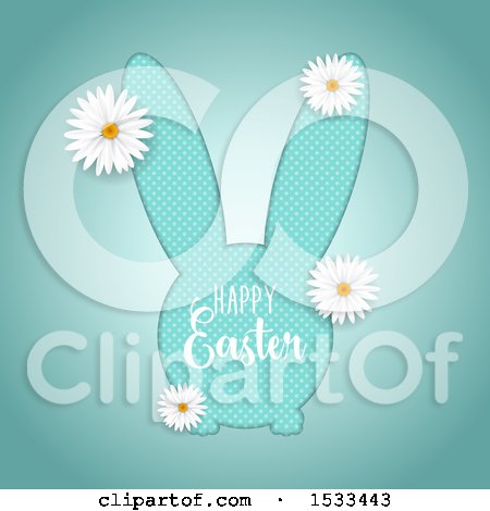 Clipart of a Happy Easter Greeting on a Halftone Dot Bunny with Daisy Flowers on Blue - Royalty Free Vector Illustration by KJ Pargeter