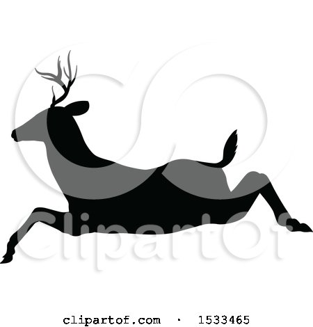 Clipart of a Black Silhouetted Deer Stag Buck Leaping - Royalty Free Vector Illustration by AtStockIllustration