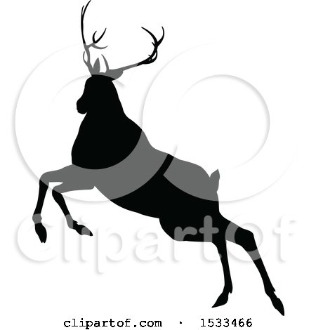 Clipart of a Black Silhouetted Deer Stag Buck Rutting - Royalty Free Vector Illustration by AtStockIllustration