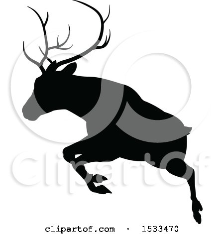 Clipart of a Black Silhouetted Deer Stag Buck Leaping - Royalty Free Vector Illustration by AtStockIllustration