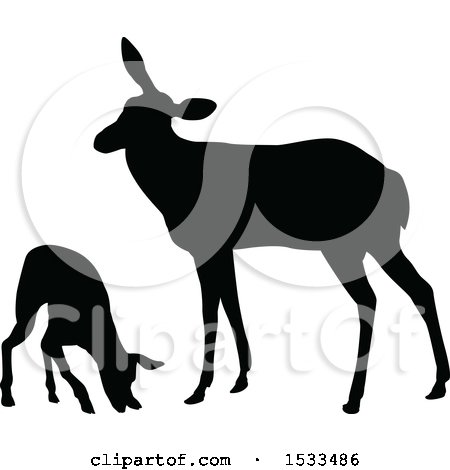 Clipart of a Black Silhouetted Deer Doe and Fawn - Royalty Free Vector Illustration by AtStockIllustration