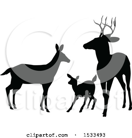 Clipart of a Black Silhouetted Deer Buck, Doe and Fawn - Royalty Free Vector Illustration by AtStockIllustration