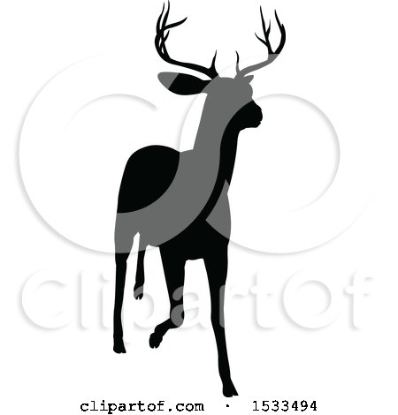 Clipart of a Black Silhouetted Deer Stag Buck - Royalty Free Vector Illustration by AtStockIllustration