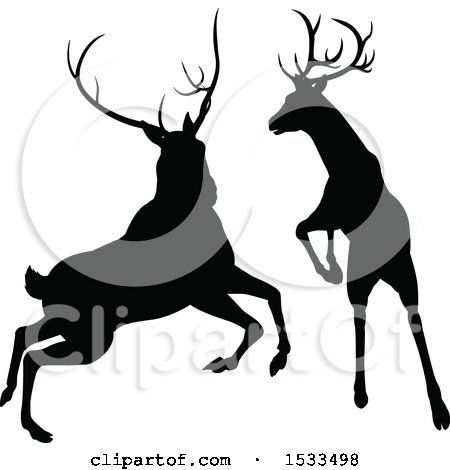 Clipart of Black Silhouetted Deer Stag Bucks Rutting - Royalty Free Vector Illustration by AtStockIllustration
