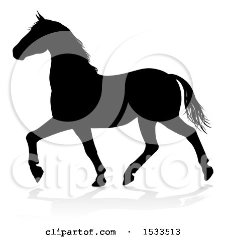Clipart of a Silhouetted Horse Trotting, with a Reflection or Shadow - Royalty Free Vector Illustration by AtStockIllustration
