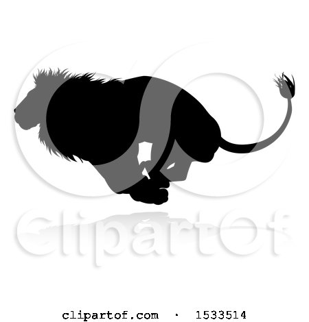 Clipart of a Silhouetted Male Lion Running, with a Reflection or Shadow - Royalty Free Vector Illustration by AtStockIllustration