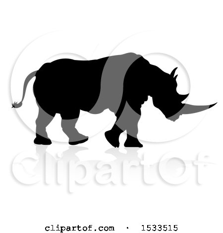 Clipart of a Silhouetted Rhino Walking, with a Reflection or Shadow - Royalty Free Vector Illustration by AtStockIllustration
