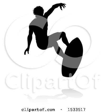 Clipart of a Silhouetted Surfer in Action, with a Reflection or Shadow - Royalty Free Vector Illustration by AtStockIllustration