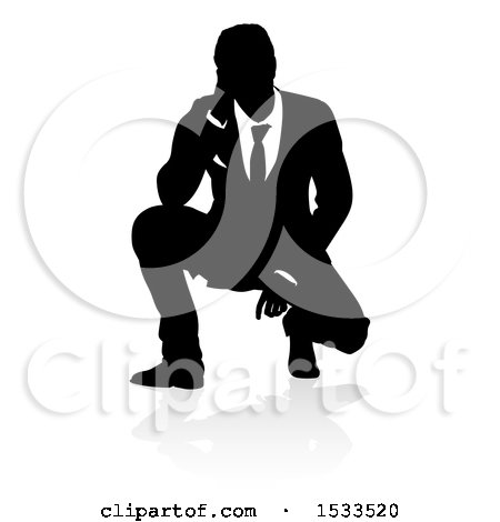 Clipart of a Silhouetted Business Man Crouching, with a Reflection or Shadow - Royalty Free Vector Illustration by AtStockIllustration