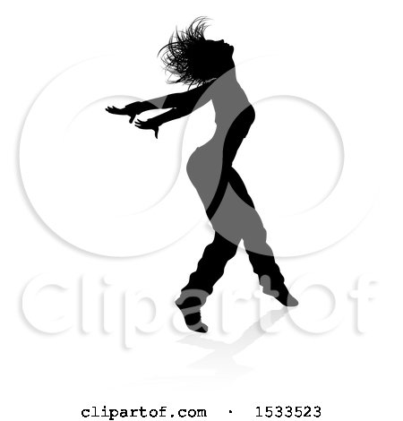Clipart of a Silhouetted Female Dancer in Action, with a Reflection or Shadow - Royalty Free Vector Illustration by AtStockIllustration