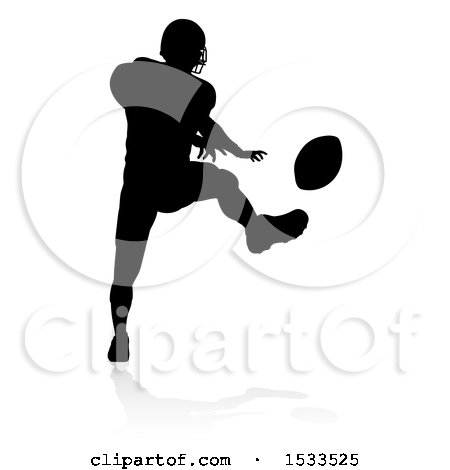 Clipart of a Silhouetted American Football Player Kicking a Ball, with a Reflection or Shadow - Royalty Free Vector Illustration by AtStockIllustration