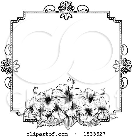 Clipart of a Black and White Border or Wedding Invitation with Hibiscus Flowers - Royalty Free Vector Illustration by AtStockIllustration