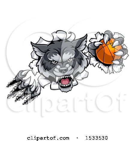 Clipart of a Gray Wolf Slashing Through a Wall with a Basketball - Royalty Free Vector Illustration by AtStockIllustration