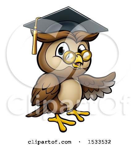 Clipart of a Presenting Wise Professor Owl with Glasses and Graduation Cap - Royalty Free Vector Illustration by AtStockIllustration