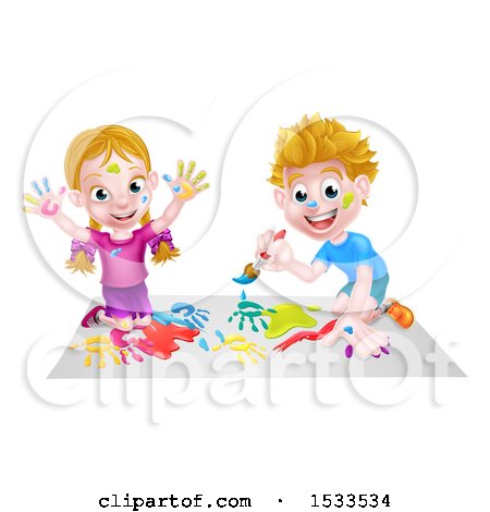 Clipart of a Caucasian Boy and Girl Kneeling and Painting - Royalty Free Vector Illustration by AtStockIllustration