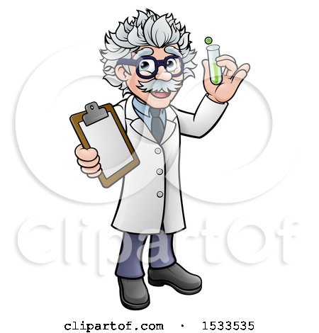 Clipart of a Happy Male Scientist Holding a Test Tube and Clipboard - Royalty Free Vector Illustration by AtStockIllustration
