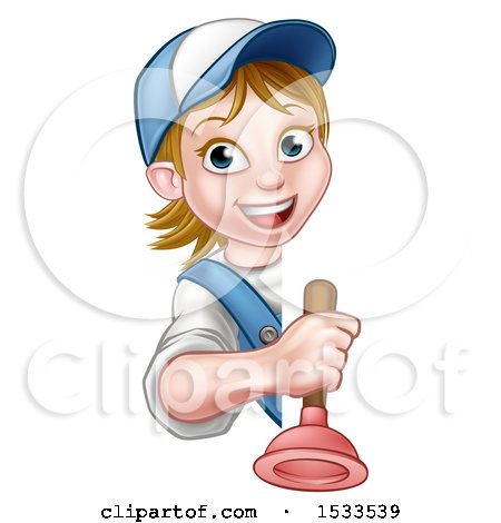 Clipart of a Happy White Female Plumber Holding a Plunger Around a Sign - Royalty Free Vector Illustration by AtStockIllustration