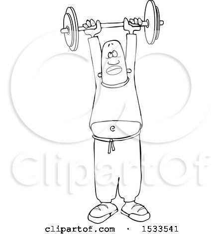 Clipart of a Lineart Black Man Working out with a Barbell - Royalty Free Vector Illustration by djart
