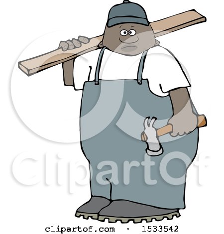 Clipart of a Black Male Carpenter Carrying a Wood Board - Royalty Free Vector Illustration by djart