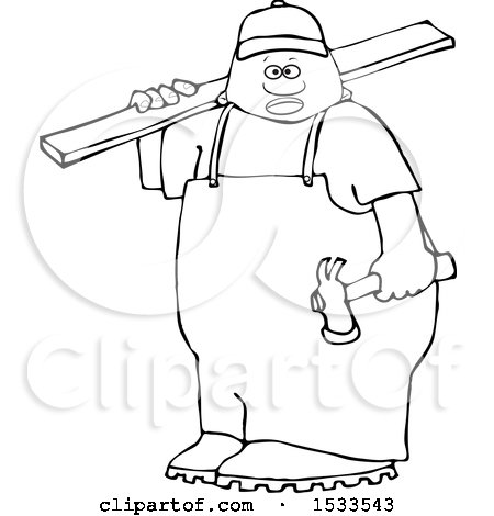 Clipart of a Lineart Black Male Carpenter Carrying a Wood Board - Royalty Free Vector Illustration by djart