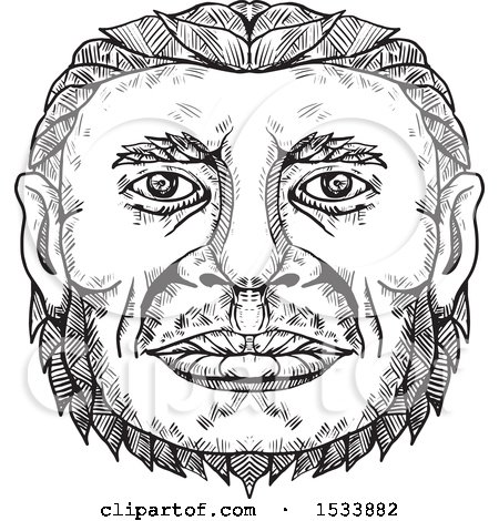Clipart of a Sketched Neanderthal Head in Black and White - Royalty Free Vector Illustration by patrimonio