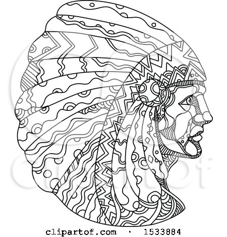 Clipart of a Native American Wearing a Headdress, in Black and White Zentangle Design - Royalty Free Vector Illustration by patrimonio