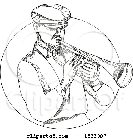 Clipart of a Jazz Musician Playing a Trumpet in a Circle, in Black and White Zentangle Design - Royalty Free Vector Illustration by patrimonio