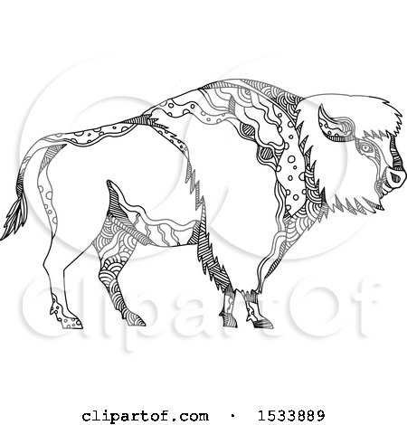 Clipart of an American Bison Buffalo in Profile, in Black and White Zentangle Design - Royalty Free Vector Illustration by patrimonio