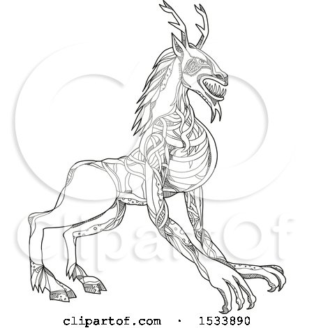 Clipart of a Wendigo Mythical Creature, in Black and White Zentangle Design - Royalty Free Vector Illustration by patrimonio