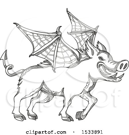 Clipart of a Winged Boar Pig, in Black and White Zentangle Design - Royalty Free Vector Illustration by patrimonio