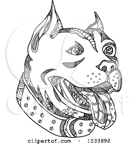 Clipart of a Panting Pit Bull Dog, in Black and White Zentangle Design - Royalty Free Vector Illustration by patrimonio