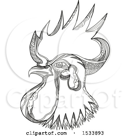 Clipart of a Junglefowl Rooster Head, in Black and White Zentangle Design - Royalty Free Vector Illustration by patrimonio