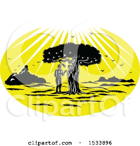 Clipart of a Woodcut Styled Scene of Adam and Eve by a Snake in an Apple Tree Under Sun Rays - Royalty Free Vector Illustration by patrimonio