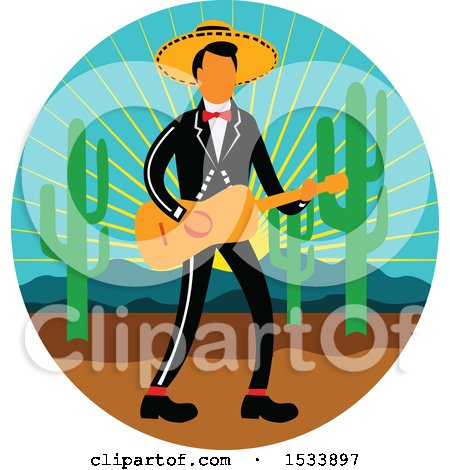 Clipart of a Mexican Mariachi Playing a Guitar in a Cricle with a Sunset Cactus and Mountains - Royalty Free Vector Illustration by patrimonio