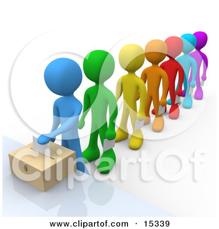 Blue Person Standing At The Front Of A Line Of Diverse Voters, Putting Their Voting Envelope In A Ballot Box During A Presidential Election Clipart Illustration Image by 3poD