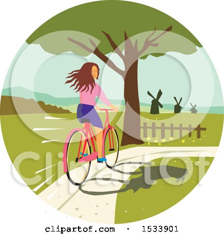 Clipart of a Girl Looking Back While Riding a Bike on a Path - Royalty Free Vector Illustration by patrimonio