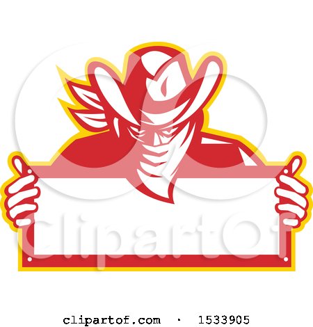 Clipart of a Retro Outlaw Wearing a Bandana over His Face and Holding a Blank Sign - Royalty Free Vector Illustration by patrimonio