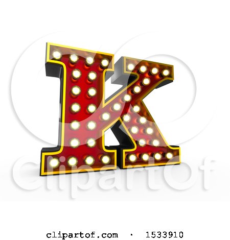 Clipart of a 3d Illuminated Theater Styled Vintage Letter K, on a White Background - Royalty Free Illustration by stockillustrations